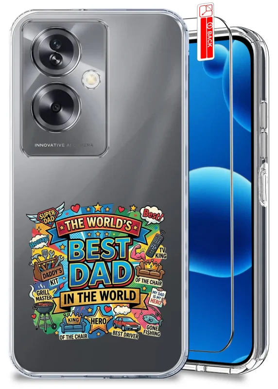 Przezroczyste etui dla Taty do Oppo A79 5G z kolorowym nadrukiem „The Worlds Best Dad in the World” oraz szkło hartowane w zestawie