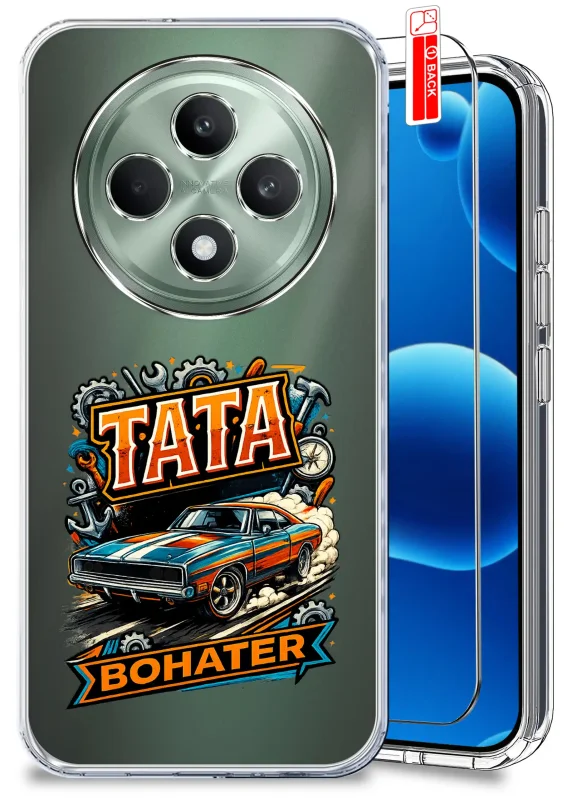 Przezroczyste etui dla Taty do Oppo Reno 12 F 5G / 12 FS 5G z kolorowym nadrukiem Tata Bohater oraz szkło hartowane w zestawie