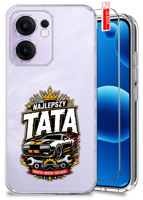 Przezroczyste etui dla Taty do Oppo Reno 13 FS 5G / 13 F 5G z napisem „Najlepszy Tata” i grafiką sportowego samochodu oraz szkło hartowane w zestawie