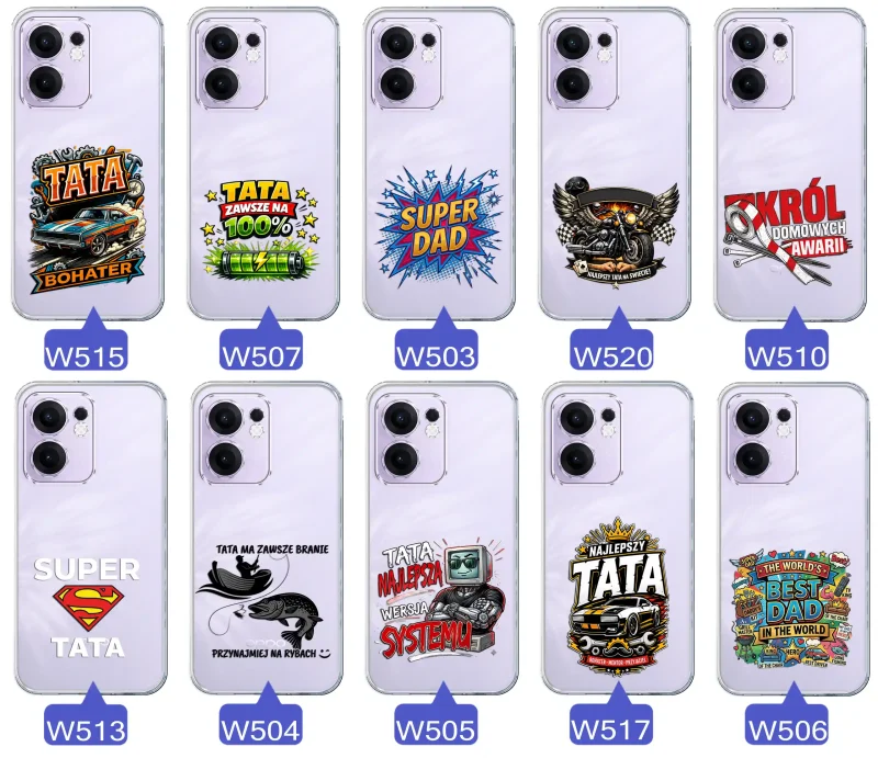 Kolekcja wzorów dla Taty i na Dzień Ojca do Oppo Reno 13 FS 5G / 13 F 5G:  kolorowe grafiki i napisy Super Tata, Super Dad, Najlepszy Tata Na Świecie i inne