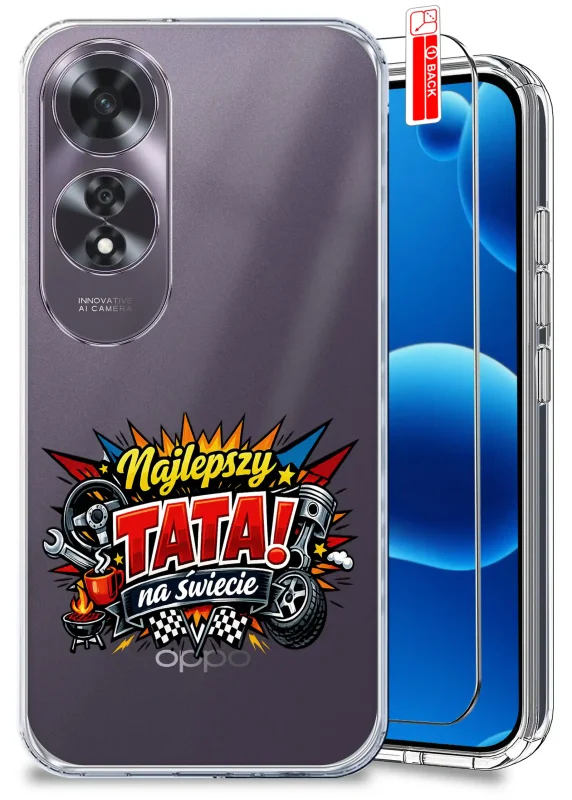 Przezroczyste etui dla Taty do Oppo A60 4G z kolorowym nadrukiem Najlepszy Tata na świecie oraz szkło hartowane w zestawie