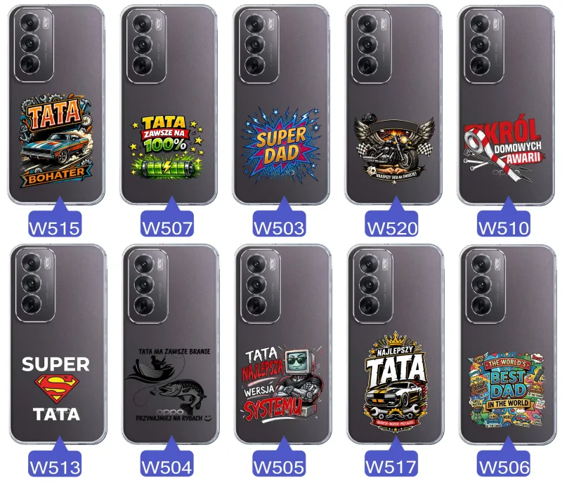 Kolekcja wzorów dla Taty i na Dzień Ojca do Oppo Reno 12 5G:  kolorowe grafiki i napisy Super Tata, Super Dad, Najlepszy Tata Na Świecie i inne