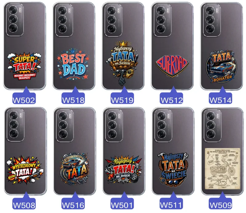 Różne wzory przezroczystych etui dla Taty do Oppo Reno 12 5G z kolorowymi nadrukami i motywami na Dzień Ojca i nie tylko