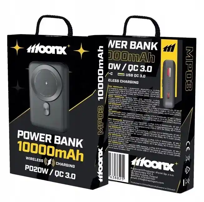 Opakowanie powerbanku MoonX 10000 mAh z oznaczeniem PD20W i QC 3.0