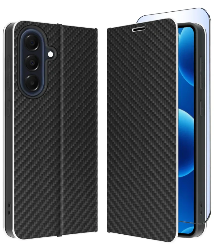 Etui z klapką Carbon do Samsung Galaxy A37 5G czarne z fakturą carbonu i srebrną ramką