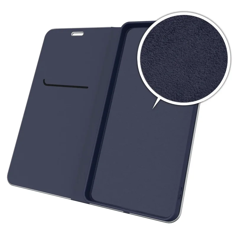 Wnętrze granatowego etui Samsung Galaxy A37 5G wyłożone mikrofibrą z gumową wkładką ochronną