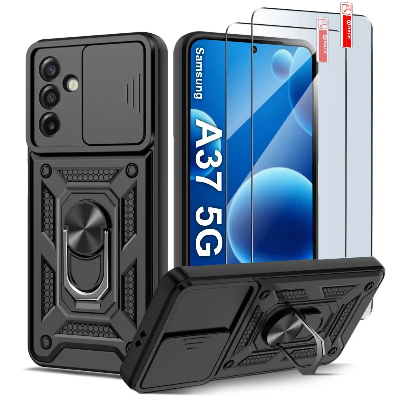 Etui pancerne ring do Samsung Galaxy A37 5G z przesuwną osłoną aparatu i dwoma szkłami hartowanymi 9H w zestawie