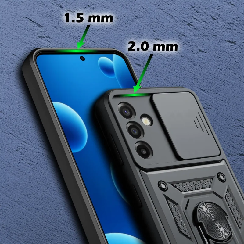 Podwyższone ranty ekranu i aparatu w etui pancernym do Samsung Galaxy A37 5G zwiększające ochronę podczas odkładania telefonu