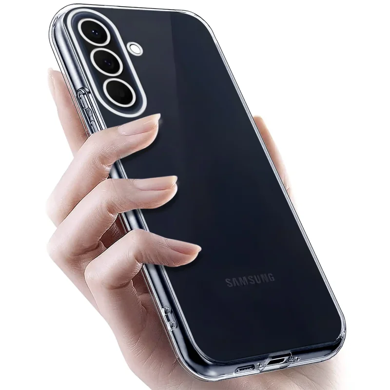 Samsung Galaxy A37 5G w bezbarwnym etui ochronnym z elastycznego silikonu i osłoną aparatów