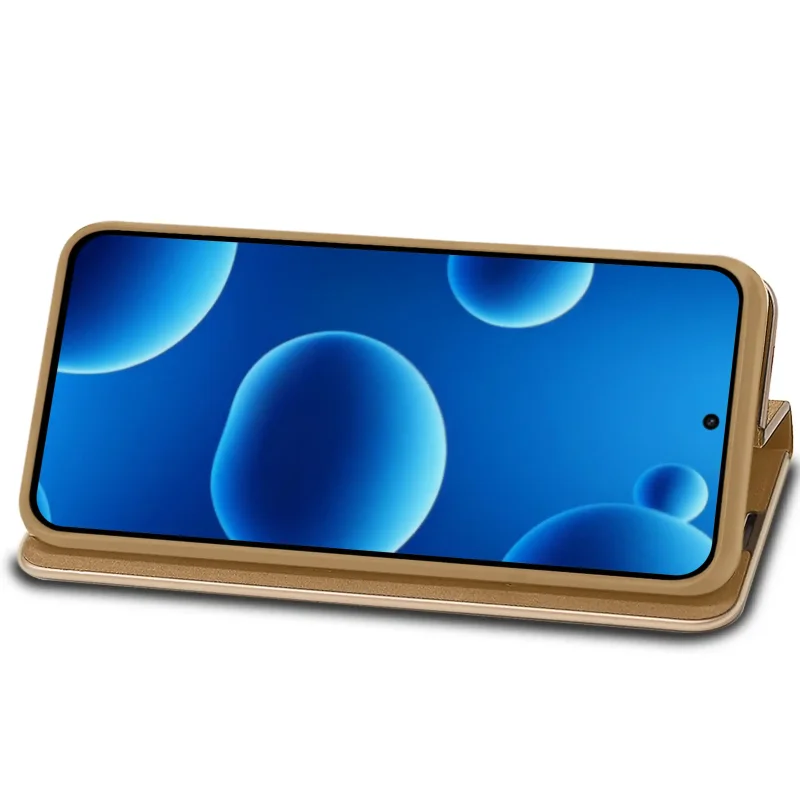 Samsung Galaxy A37 5G w złotym etui z klapką ustawionym jako stojak do wygodnego oglądania filmów