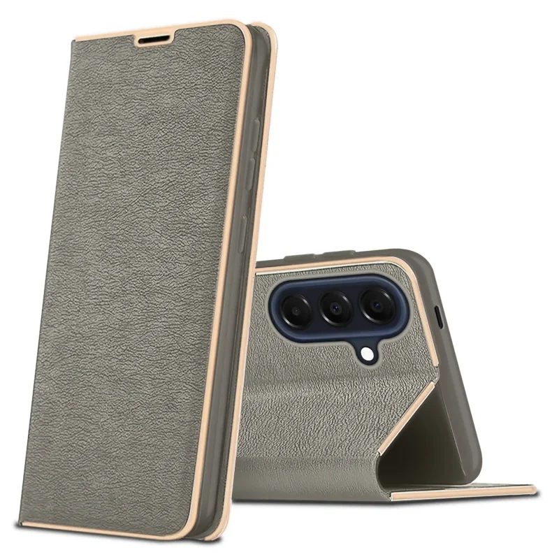 Eleganckie etui z klapką do Samsung Galaxy A37 5G w szarym kolorze ze złotą ramką i funkcją podstawki