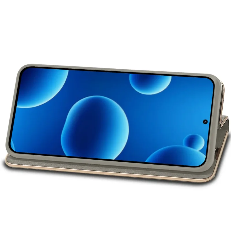 Samsung Galaxy A37 5G w szarym etui z klapką ustawionym jako stojak do wygodnego oglądania filmów