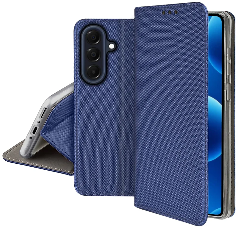 Zamykane granatowe etui z klapką do Samsung Galaxy A37 5G z matową strukturą, wycięciami na porty oraz ochroną aparatów i boków smartfona