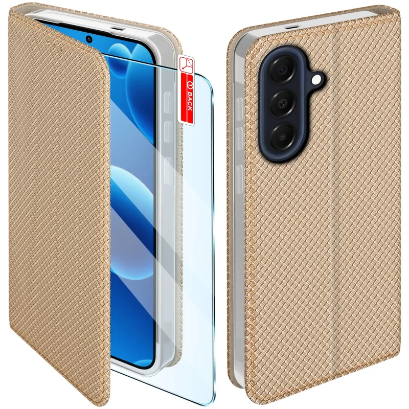 Etui z klapką do Samsung Galaxy A37 5G w złotym kolorze z magnetycznym zamknięciem, antypoślizgową fakturą i elastycznym TPU chroniącym telefon