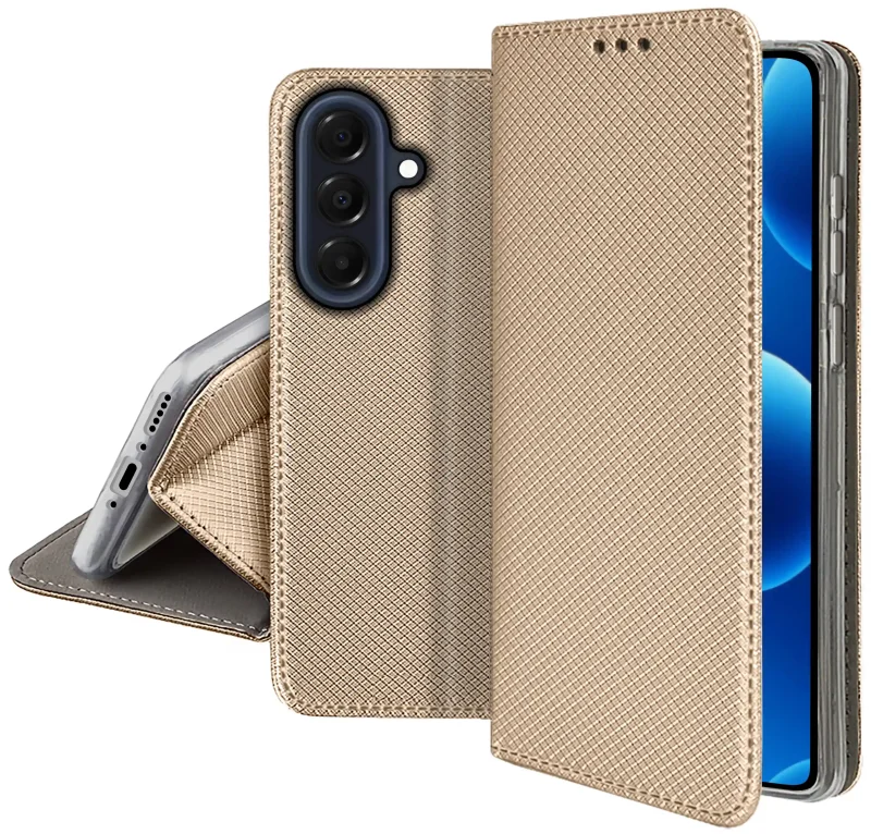 Zamykane złote etui z klapką do Samsung Galaxy A37 5G z matową strukturą, wycięciami na porty oraz ochroną aparatów i boków smartfona