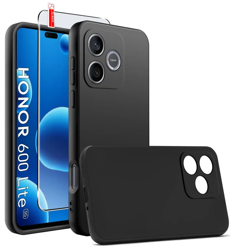 Czarne matowe etui silikonowe do Honor 600 Lite ze szkłem hartowanym 9H w zestawie
