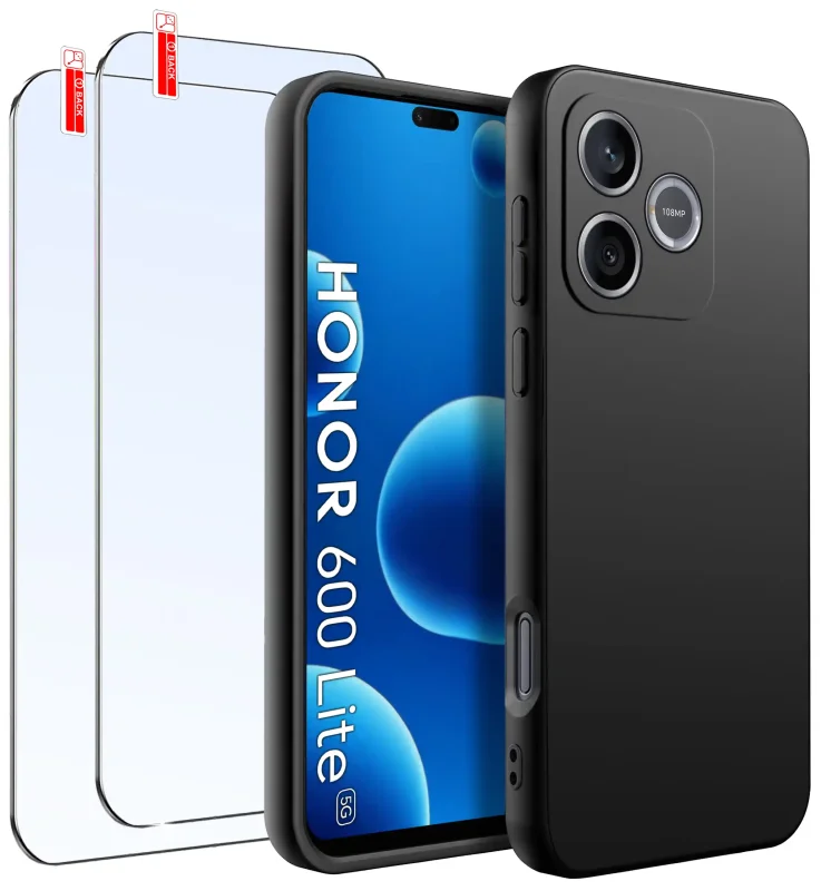Czarne matowe etui silikonowe do Honor 600 Lite z dwoma szkłami hartowanymi 9H w zestawie