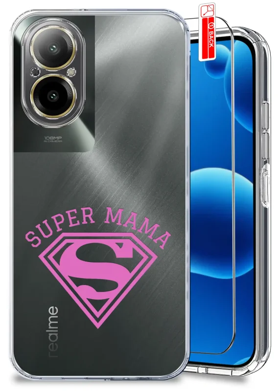 Etui dla Mamy do Realme C67 4G przezroczyste z różowym napisem Super Mama oraz szkło hartowane w zestawie