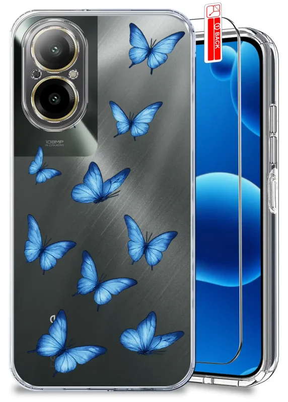 Przezroczyste etui z modnym wzorem motyli do Realme C67 4G i szkło hartowane w zestawie