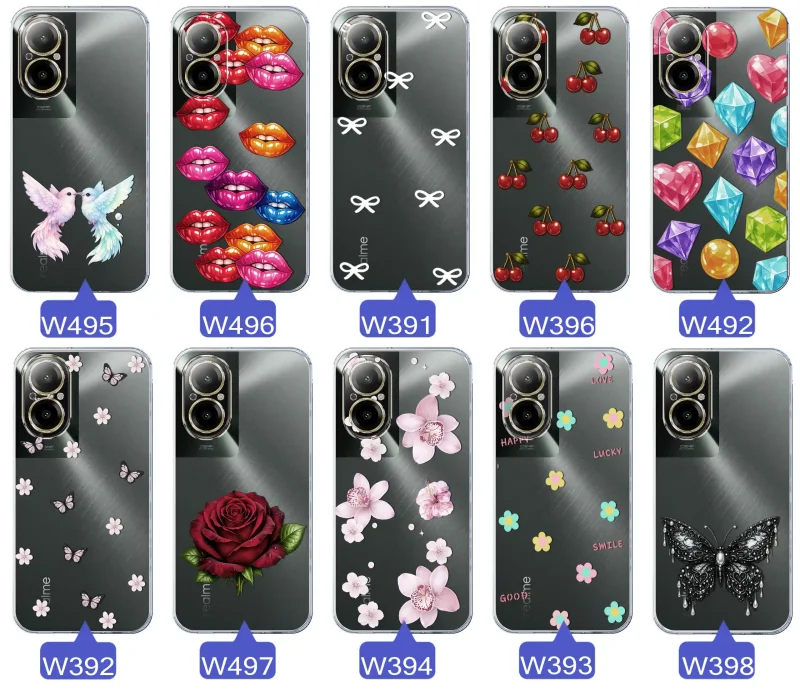Różne kolorowe stylowe wzory na etui do Realme C67 4G: kwiaty, wiśnie, ptaszki, usta, kokardy