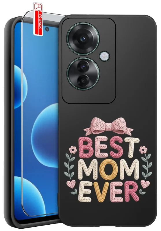 Etui dla Mamy do Oppo Reno 11 F 5G z napisem Best Mom Ever: czarne matowe wykończenie oraz szkło hartowane 9H w zestawie