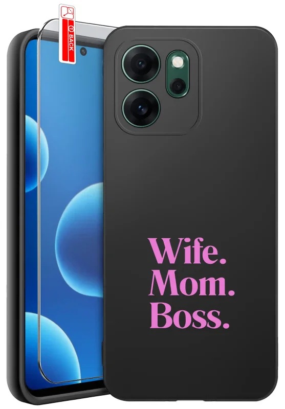 Etui dla Mamy do Oppo Reno 14 FS 5G / 14 F 5G z nadrukiem Wife. Mom. Boss.: czarne matowe wykończenie oraz szkło hartowane 9H w zestawie