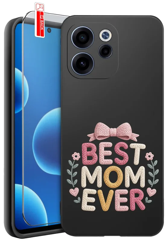Etui dla Mamy do Oppo Reno 15 F / 15 FS 5G z napisem Best Mom Ever: czarne matowe wykończenie oraz szkło hartowane 9H w zestawie