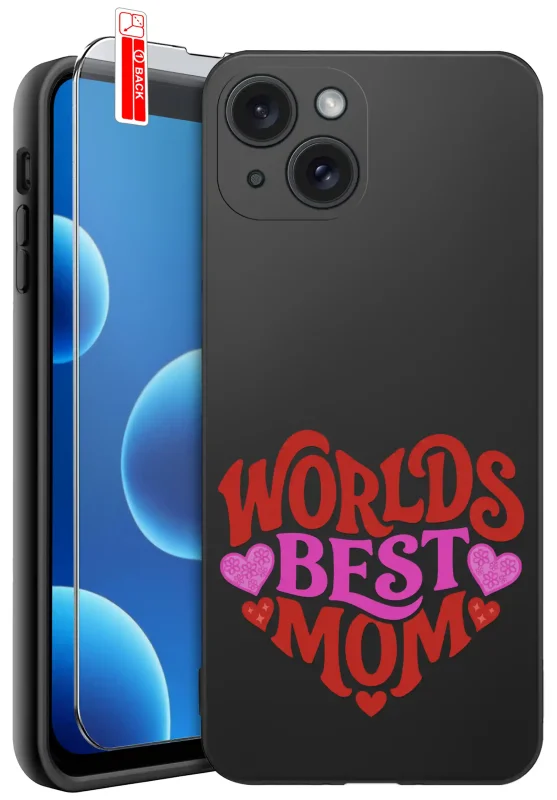 Etui dla Mamy do iPhone 13 / 14 z czerwono-różowym nadrukiem Worlds Best Mom: czarne matowe wykończenie oraz szkło hartowane 9H w zestawie