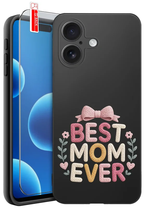 Etui dla Mamy do iPhone 17 z napisem Best Mom Ever: czarne matowe wykończenie oraz szkło hartowane 9H w zestawie