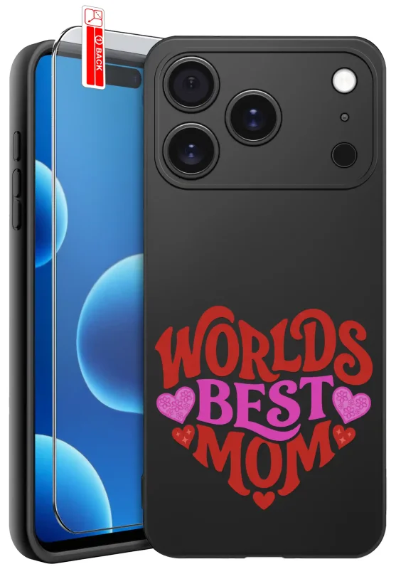 Etui dla Mamy do iPhone 17 Pro z czerwono-różowym nadrukiem Worlds Best Mom: czarne matowe wykończenie oraz szkło hartowane 9H w zestawie