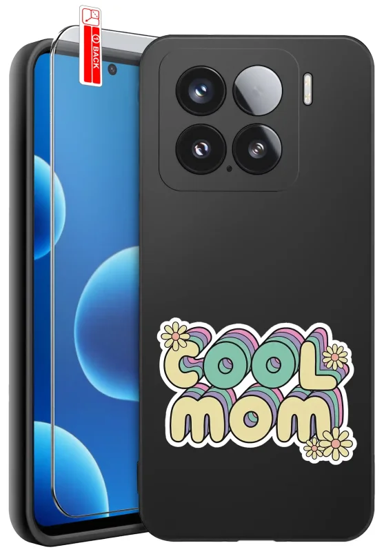 Etui dla Mamy do Xiaomi 15 Pro z napisem Cool Mom: czarne matowe wykończenie oraz szkło hartowane 9H w zestawie