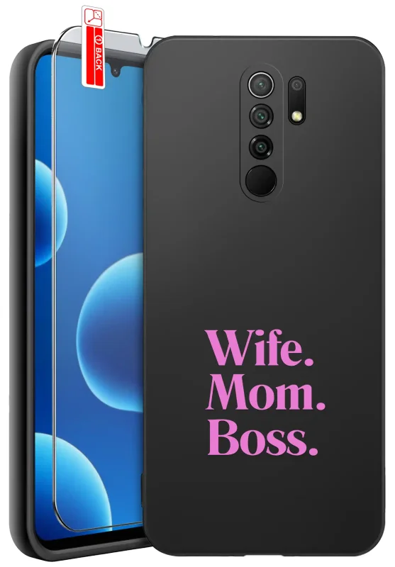 Etui dla Mamy do Xiaomi Redmi 9 z nadrukiem Wife. Mom. Boss.: czarne matowe wykończenie oraz szkło hartowane 9H w zestawie