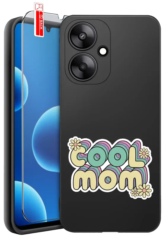 Etui dla Mamy do Xiaomi Redmi 13C 5G z napisem Cool Mom: czarne matowe wykończenie oraz szkło hartowane 9H w zestawie