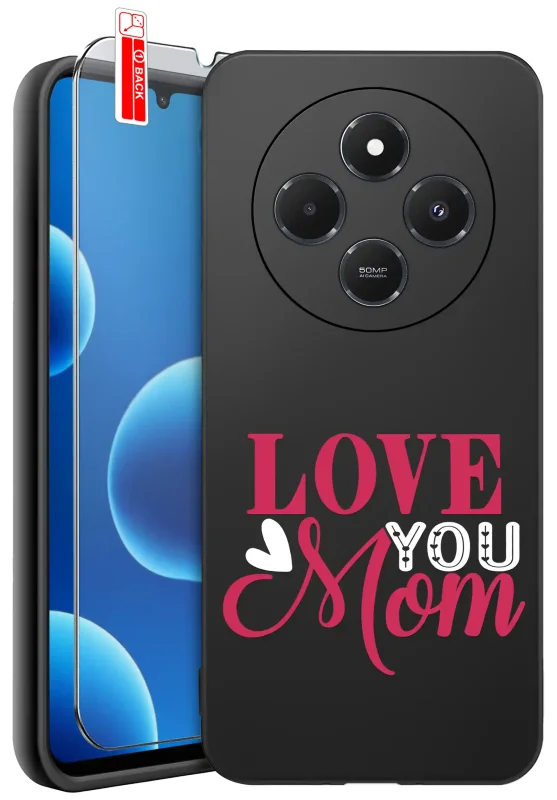 Etui dla Mamy do Xiaomi Redmi 14C z napisem Love You Mom, czarne silikonowe etui z nadrukiem oraz szkło ochronne w zestawie
