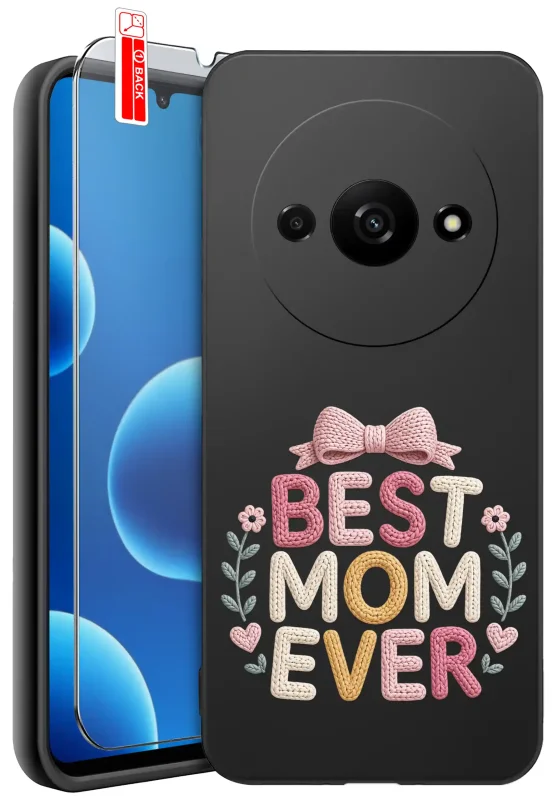 Etui dla Mamy do Xiaomi Redmi A3 z napisem Best Mom Ever: czarne matowe wykończenie oraz szkło hartowane 9H w zestawie