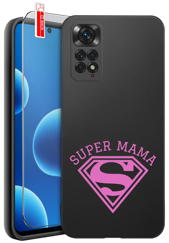 Etui dla Mamy do Xiaomi Redmi Note 11 / 11S z  różowym nadrukiem Super Mama: czarne matowe wykończenie oraz szkło hartowane 9H w zestawie