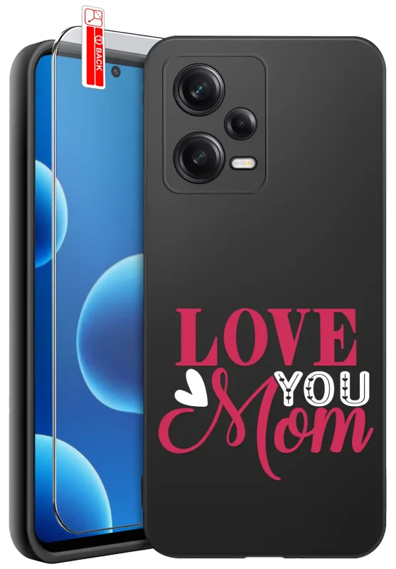 Etui dla Mamy do Xiaomi Redmi Note 12 5G / Poco X5 5G z napisem Love You Mom, czarne silikonowe etui z nadrukiem oraz szkło ochronne w zestawie