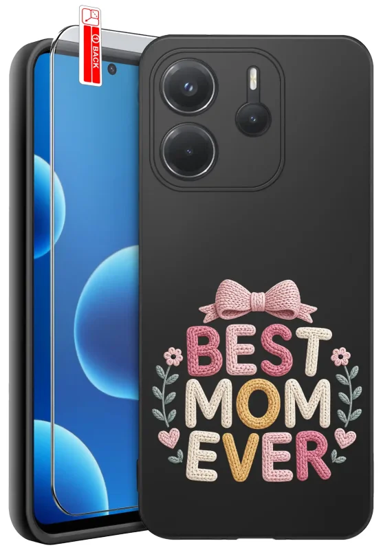 Etui dla Mamy do Xiaomi Redmi Note 14 5G z napisem Best Mom Ever: czarne matowe wykończenie oraz szkło hartowane 9H w zestawie