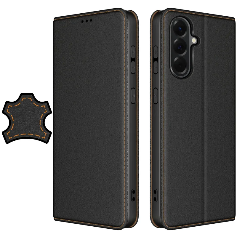 Etui z klapką skórzane do Samsung Galaxy A37 5G czarne zamykane na ukryty magnes widok przodu i tyłu
