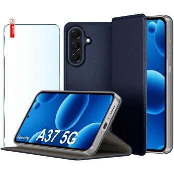 Etui do Samsung Galaxy A37 5G granatowe magnetyczne zamykane ze szkłem