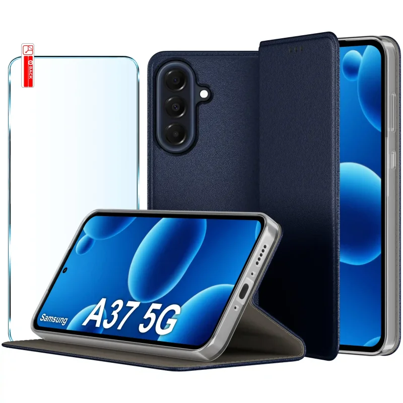 Etui z klapką do Samsung Galaxy A37 5G w kolorze granatowym ze szkłem hartowanym 9H w zestawie