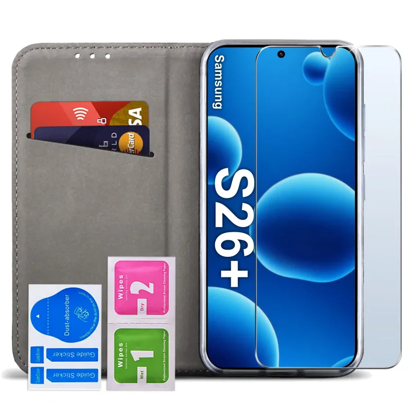 Wnętrze granatowego etui z klapką do Samsung Galaxy A37 5G z kieszonką na karty, szkłem hartowanym 9H oraz akcesoriami do montażu ochrony ekranu