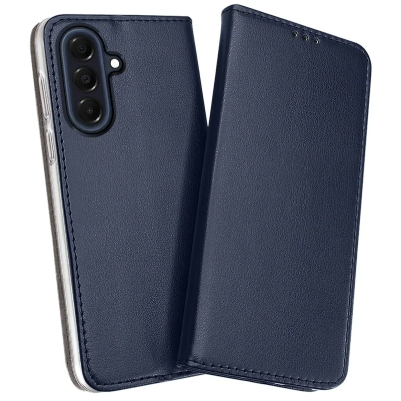 Skórzane etui z klapką do Samsung Galaxy A37 5G w kolorze granatowym z ochroną wyspy aparatów, miękkim wnętrzem i magnetycznym zamknięciem