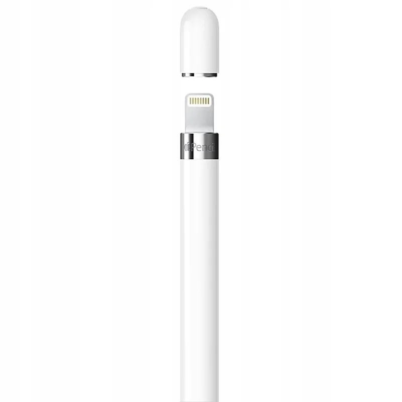 Zbliżenie na Apple Pencil 1. gen. ze złączem Lightning i magnetyczną nasadką zabezpieczającą końcówkę ładowania