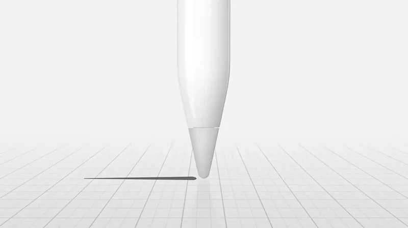 Końcówka Apple Pencil rysująca cienką linię na ekranie, pokazująca precyzję pracy rysika na iPadzie