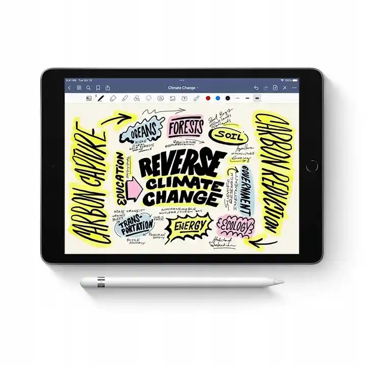 Apple Pencil 1. generacji obok iPada z kolorową notatką graficzną, idealny do nauki, szkicowania i pracy kreatywnej