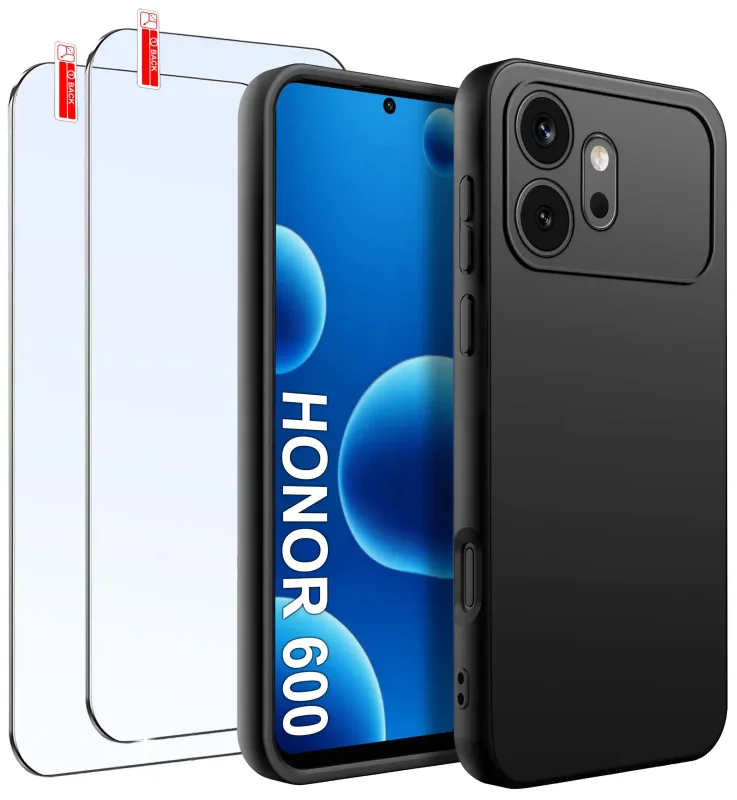 Czarne matowe etui silikonowe do Honor 600 z dwoma szkłami hartowanymi 9H w zestawie