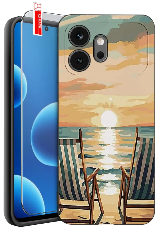 Etui Honor 600 fajne wzory: nadruk plaży o zachodzie słońca i dwa leżaki oraz szkło hartowane 9H w zestawie