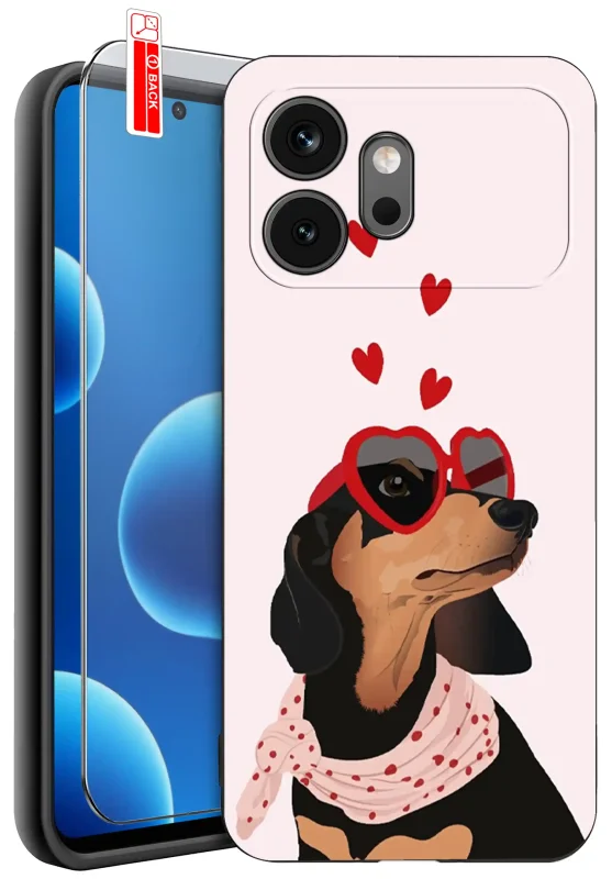 Etui walentynkowe do Honor 600 z nadrukiem psa w okularach i serduszek oraz szkło hartowane 9H w zestawie