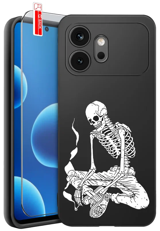 Etui Halloweenowe do Honor 600 z nadrukiem szkieletu oraz szkło hartowane 9H w zestawie